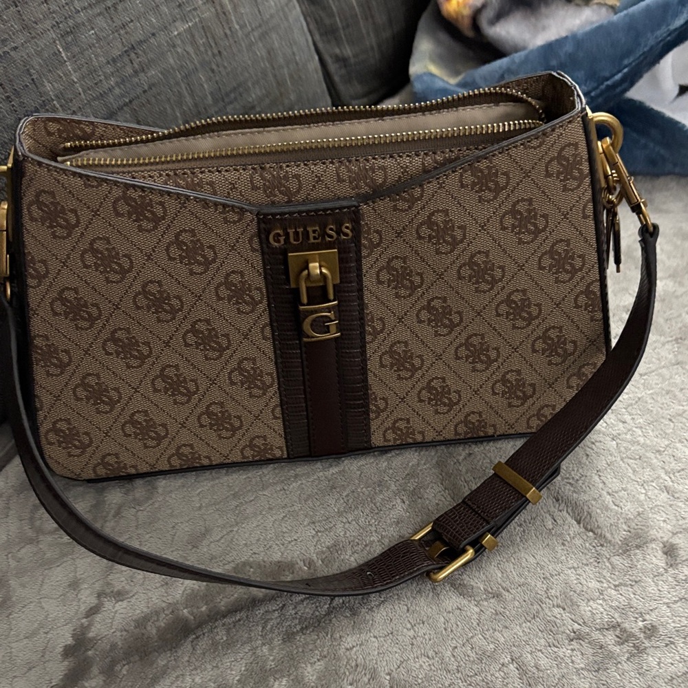 Guess Tan and Brown Monogram Shoulder Bag